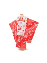 赤地に花柄、白い被布の三歳女の子着物レンタル 正面