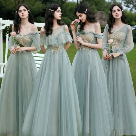 エレガントなシャイニングスパンコールアップリケ　Aラインウエディングパーティードレス　ブライズメイドドレス　＜アクアグリーン＞