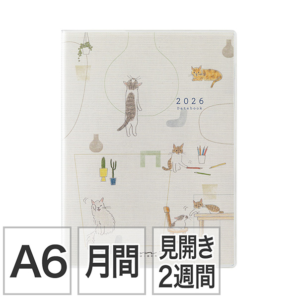 【ポケットダイアリー】A6 マンスリーブロック＆見開き2週間 ネコ柄 手帳 2026年版 22367006