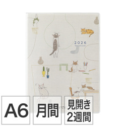 【ポケットダイアリー】A6 マンスリーブロック＆見開き2週間 ネコ柄 手帳 2026年版 22367006