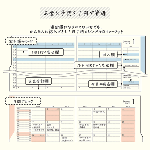 2027年版手帳｜【ダブルスケジュール】 B6 マンスリーブロック＆家計簿
