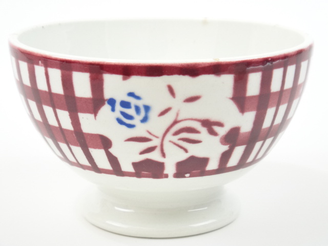 アンティーク カフェオレボウル チェックと花 Badonviller製