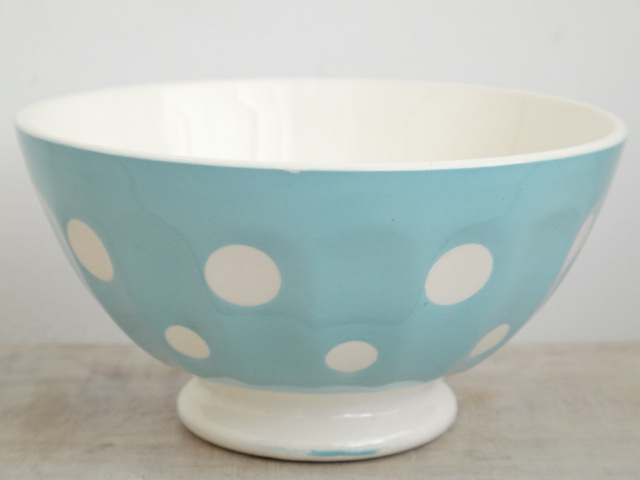 フランス アンティーク プチ カフェオレボウル 水色 水玉 Digoin & Sarreguemines製