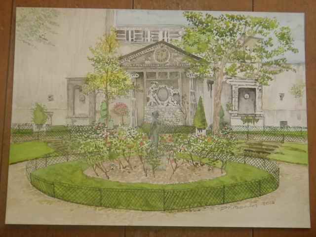 水彩画 パリ3区 ジョルジュ・カーン公園 by Pascale