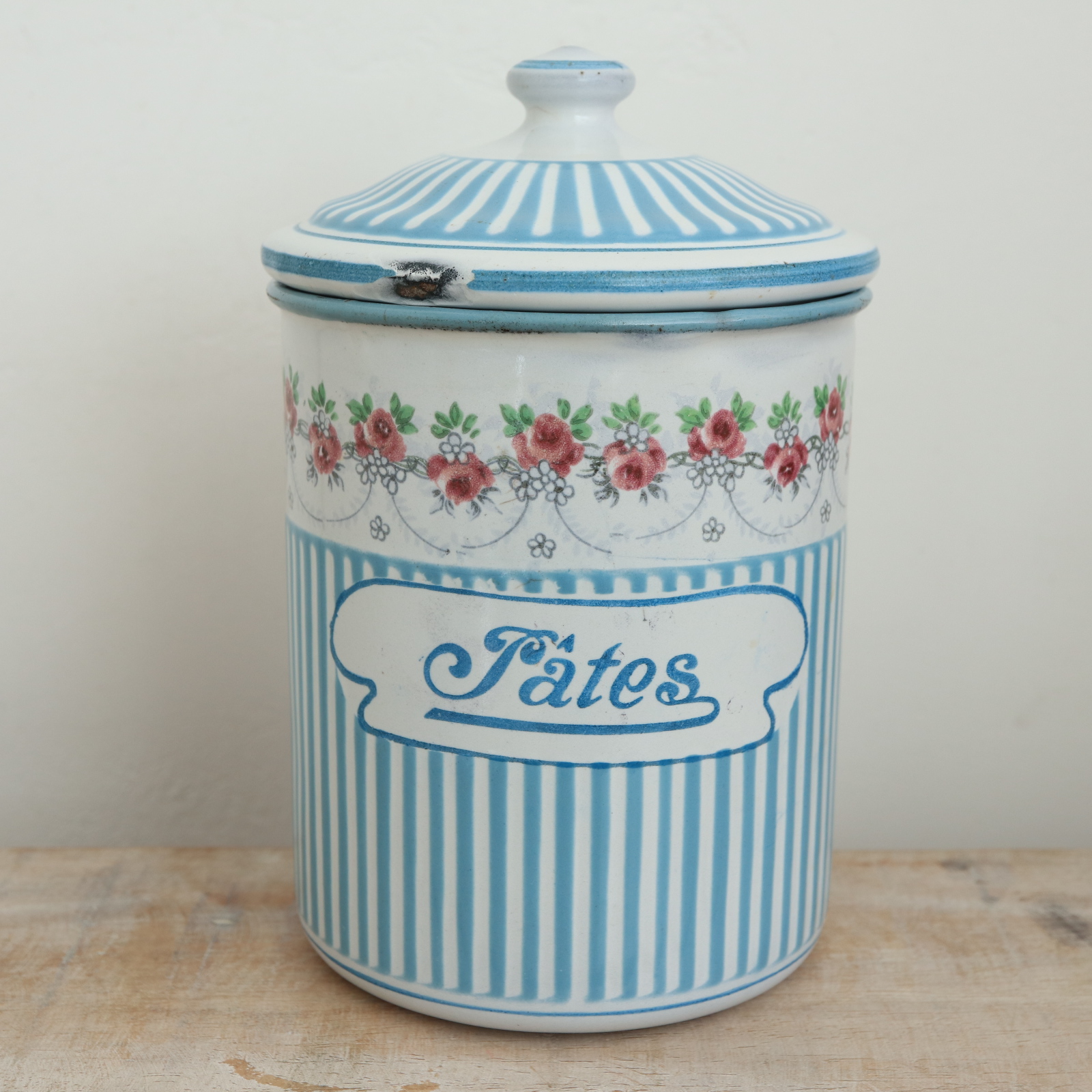 BB社 ローズガーランド アンティーク ホウロウキャニスター PATES パスタ