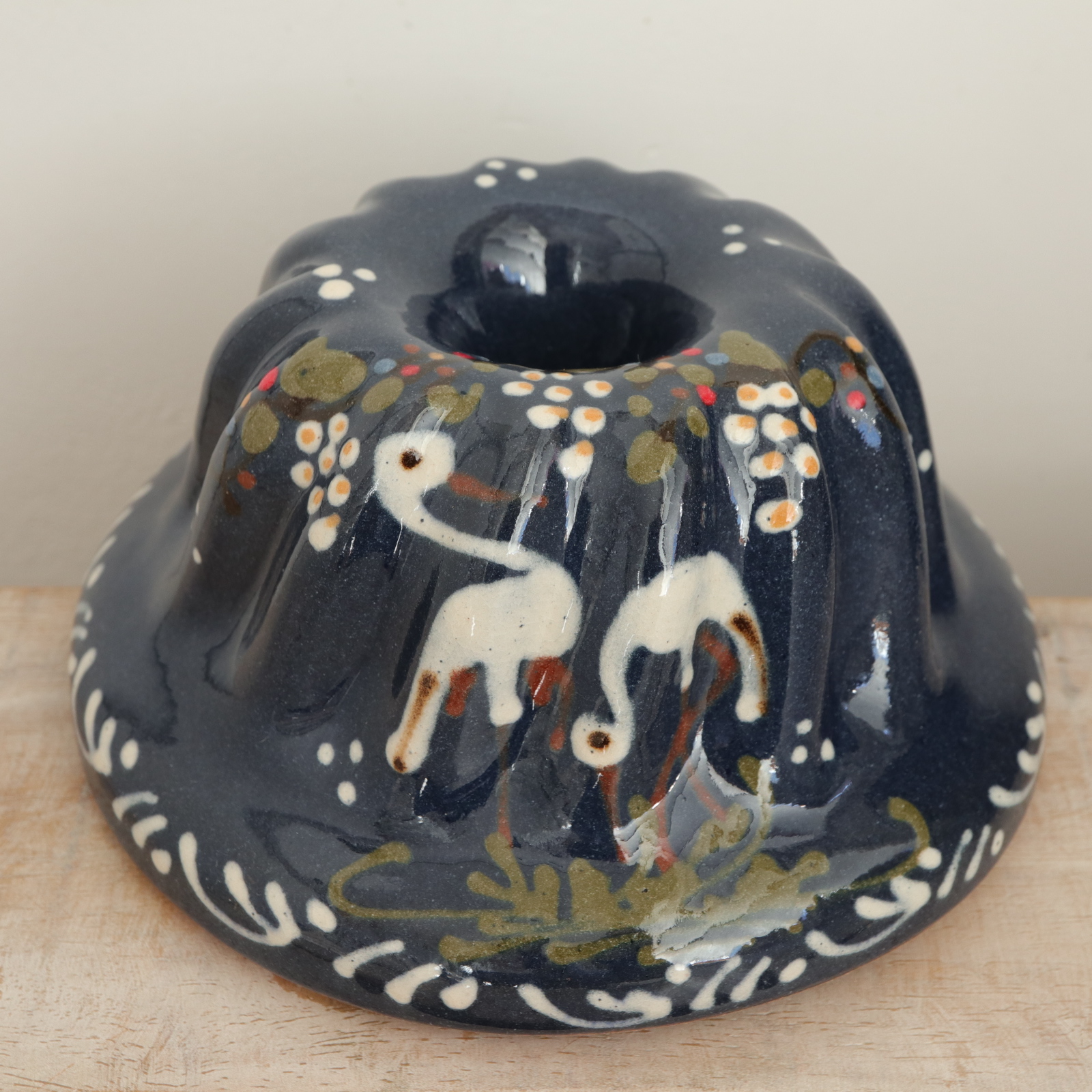 アルザス陶器 クグロフ 美品 クグロフ型 コウノトリ ダークブルー 16cmサイズ アルザス地方