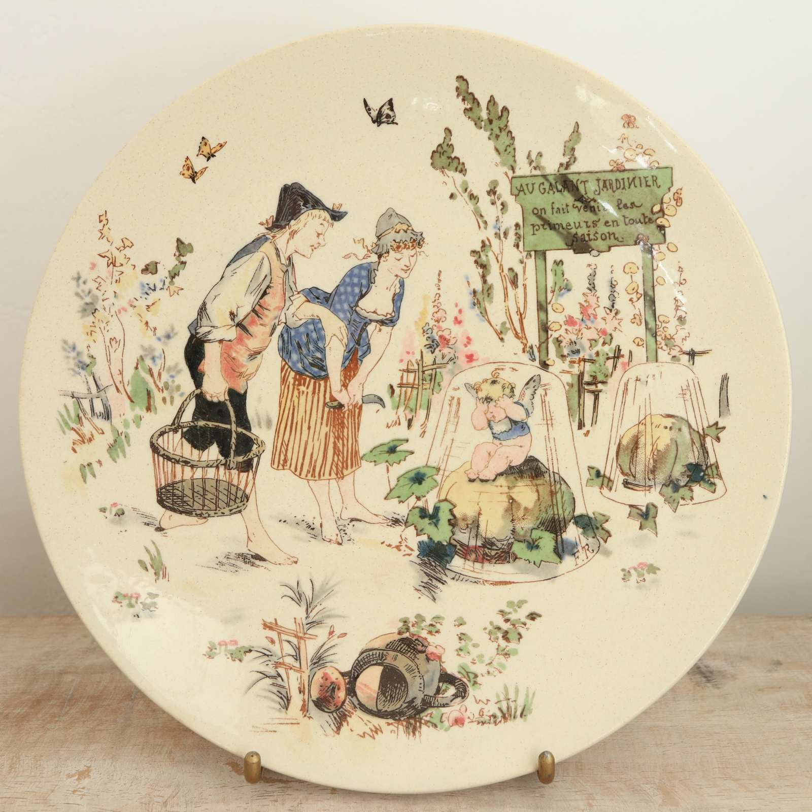 アンティークプレート Au Galant Jardinier フランス サルグミンヌ製 U&C SARREGUEMINES