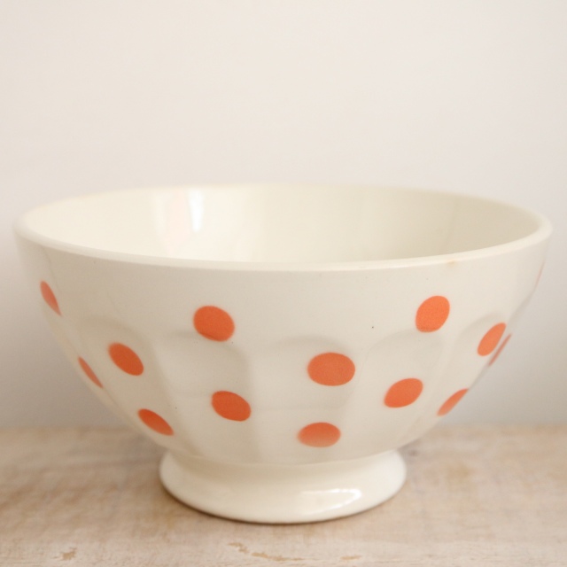 アンティーク カフェオレボウル 水玉 サーモンピンク フランス Moulin des Loups製