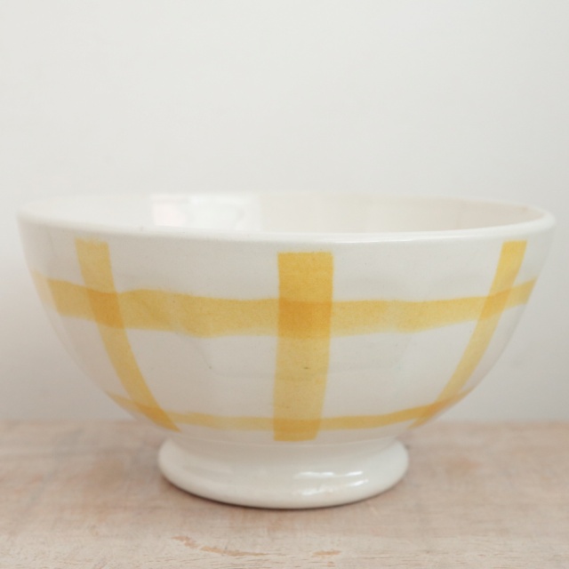 アンティーク カフェオレボウル 黄色チェック フランス ムーラン・デ・ルー製 Moulin des Loups