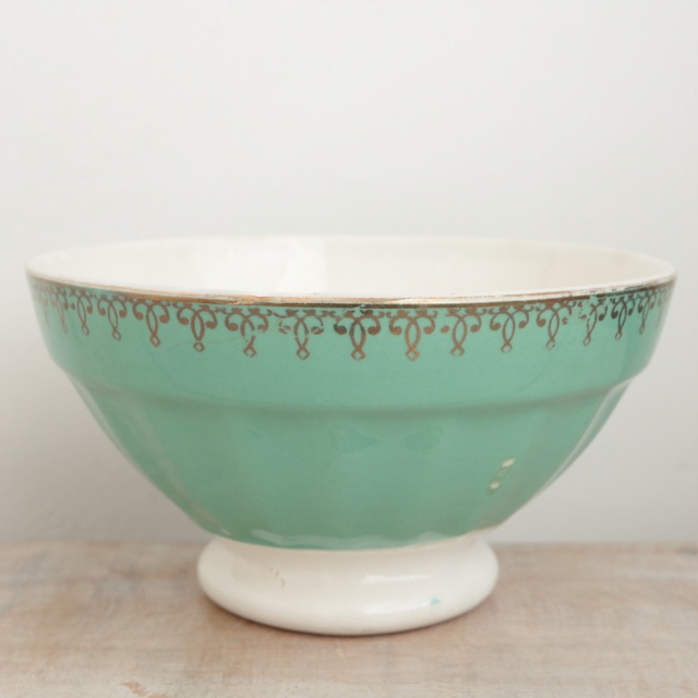 アンティーク カフェオレボウル ライトグリーン レース フランス ディゴワン&サルグミンヌ製 DIGOIN & SARREGUEMINES