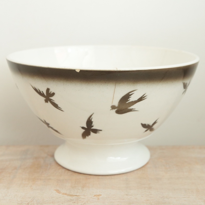 アンティーク カフェオレボウル ツバメ  ダークグリーン フランス バドンヴィレー製 Badonviller