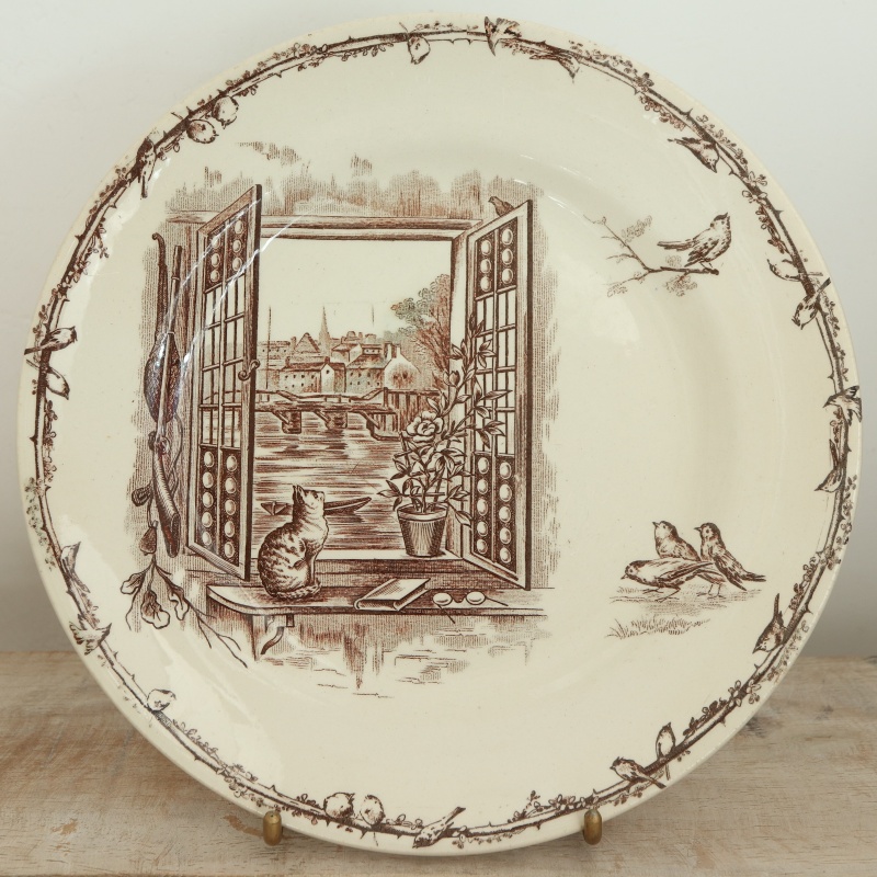 アンティーク プレート 窓辺のネコと小鳥 デザート皿 フランス ショワジールロワ製 CHOISY LE ROI