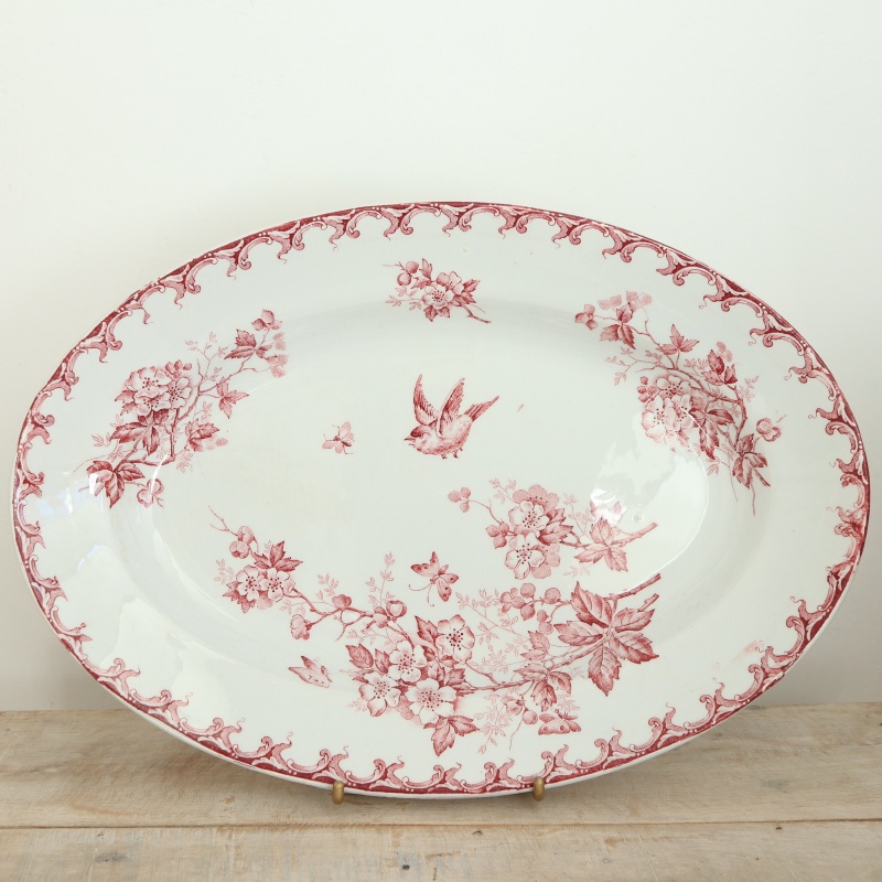 アンティーク プレート 小鳥 オーバル皿 大皿 AUBEPINE フランス サンタマン製 SAINT AMAND HAMAG