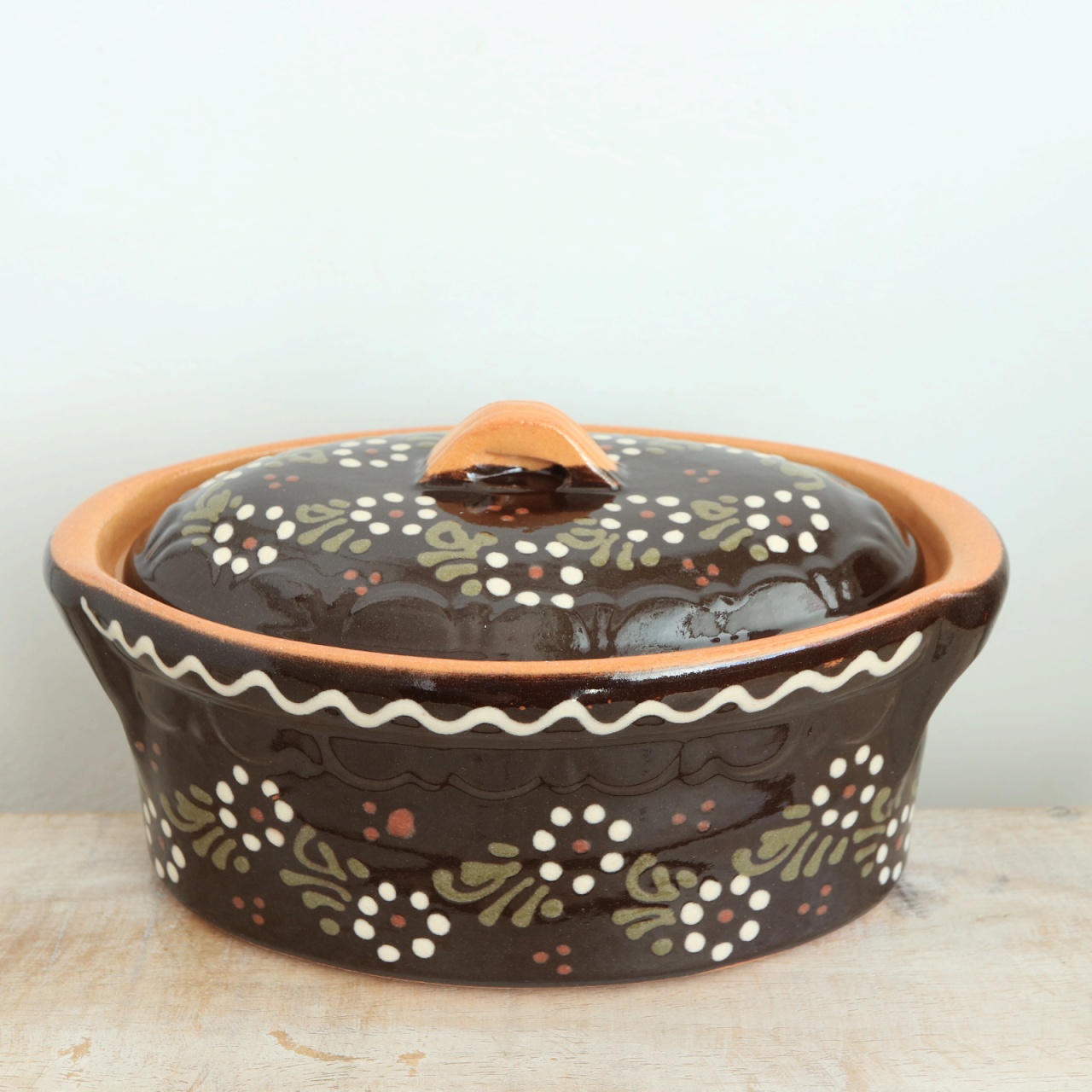 ベッコフ鍋 小花 ブラウン 21cmサイズ アルザス地方 スフレンハイム焼き 陶器製