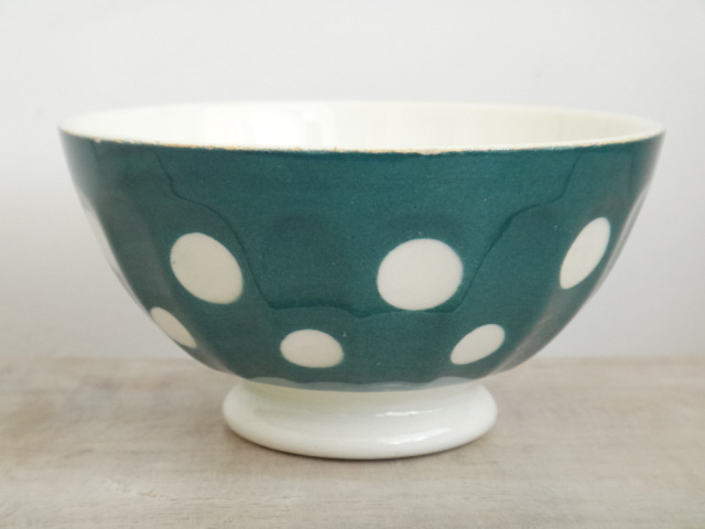 フランス アンティーク プチ カフェオレボウル ダークグリーン 水玉 Digoin & Sarreguemines製
