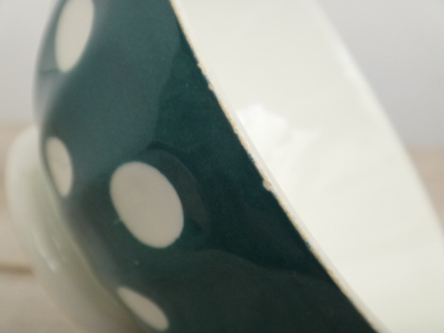 フランス アンティーク プチ カフェオレボウル ダークグリーン 水玉 Digoin & Sarreguemines製