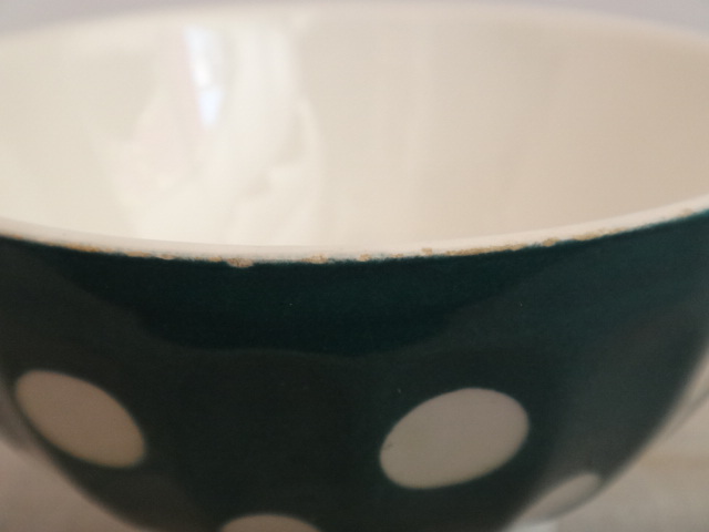 フランス アンティーク プチ カフェオレボウル ダークグリーン 水玉 Digoin & Sarreguemines製