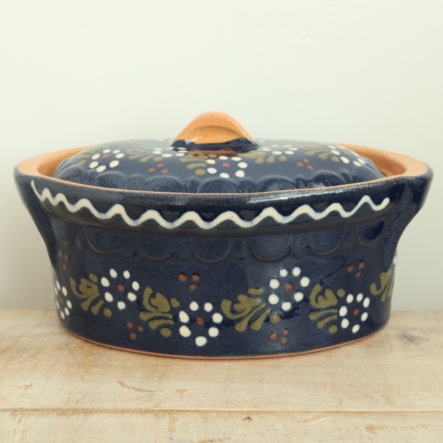 ベッコフ鍋 小花 ダークブルー 21cmサイズ アルザス地方 スフレンハイム焼き 陶器製