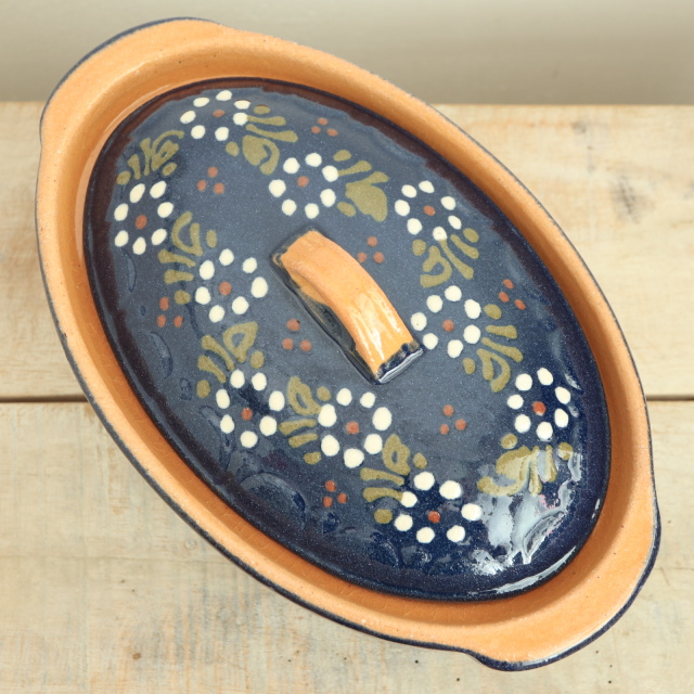 ベッコフ鍋 小花 ダークブルー 21cmサイズ アルザス地方 スフレンハイム焼き 陶器製