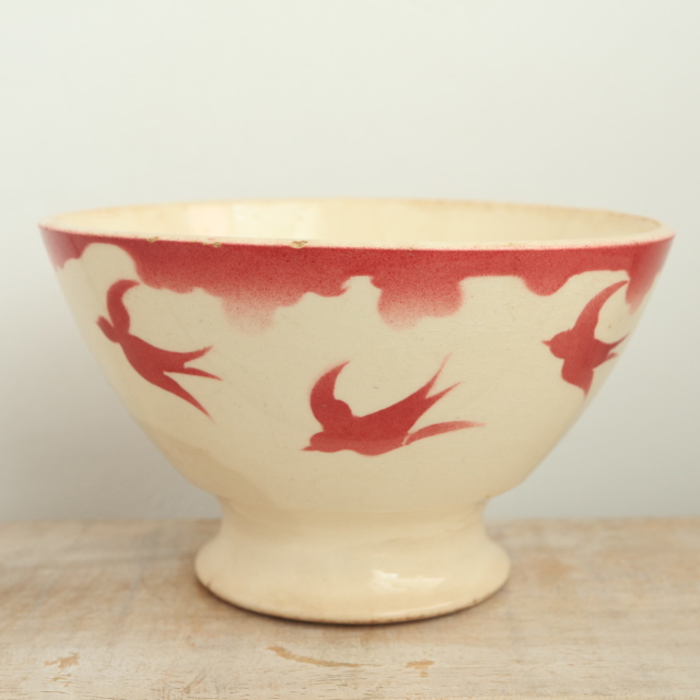 アンティーク カフェオレボウル ツバメ  ワインレッド フランス バドンヴィレー製 Badonviller