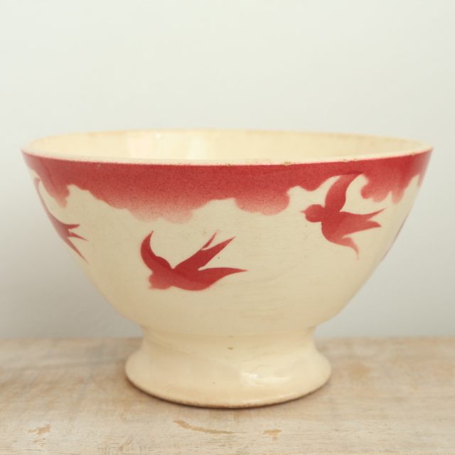 アンティーク カフェオレボウル ツバメ  ワインレッド フランス バドンヴィレー製 Badonviller