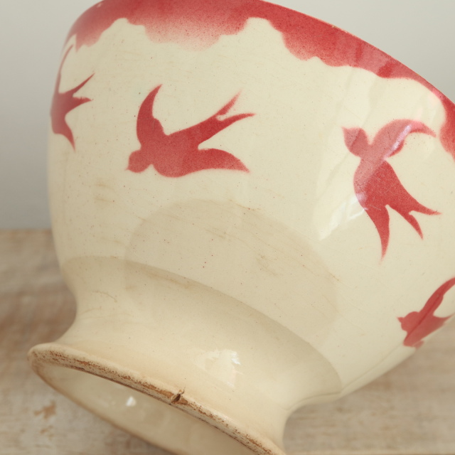 アンティーク カフェオレボウル ツバメ  ワインレッド フランス バドンヴィレー製 Badonviller