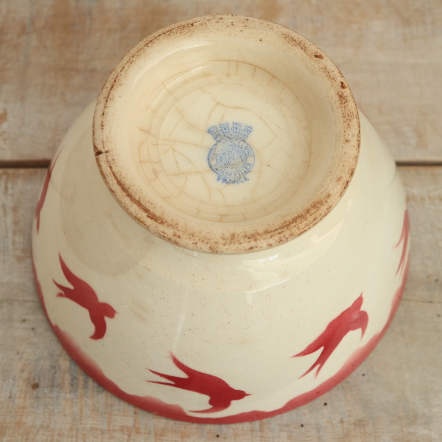 アンティーク カフェオレボウル ツバメ  ワインレッド フランス バドンヴィレー製 Badonviller