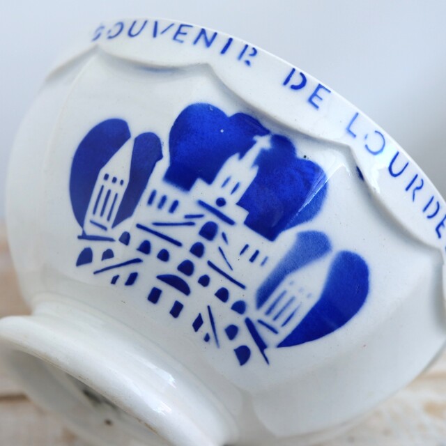 アンティーク カフェオレボウル ルルド スカラップ SOUVENIR DE LOURDES フランス ディゴワン製 Digoin