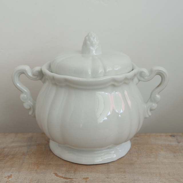アンティーク シュガーポット 白 花リム フランス サルグミンヌ製 Sarreguemines