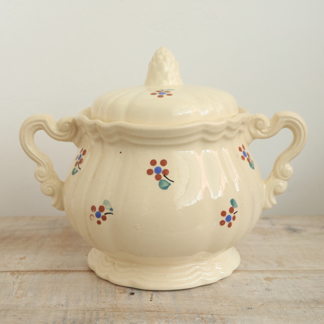 アンティーク シュガーポット シュクリエ 花リム 小花 サルグミンヌ フランス AROMANCHES Digoin & Sarreguemines France
