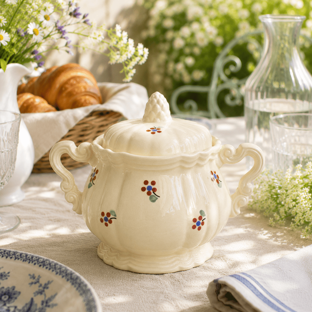 アンティーク シュガーポット シュクリエ 花リム 小花 サルグミンヌ フランス AROMANCHES Digoin & Sarreguemines France
