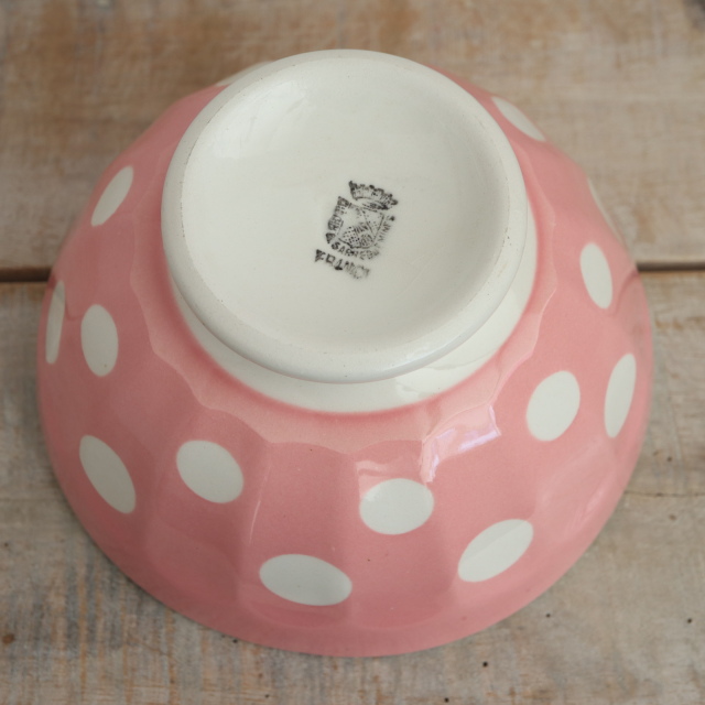 アンティーク カフェオレボウル ピンク ドット 水玉 フランス ディゴワン&サルグミンヌ製 DIGOIN & SARREGUEMINES