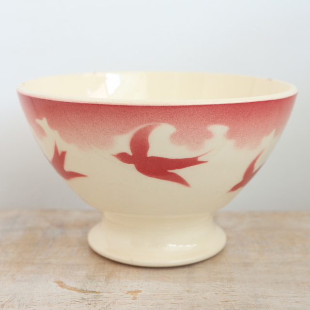 アンティーク カフェオレボウル ツバメ  ワインレッド フランス バドンヴィレー製 Badonviller