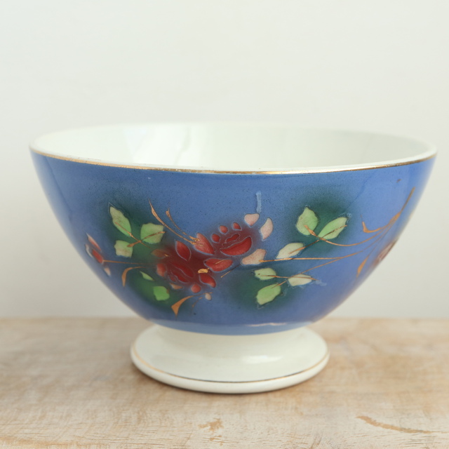 アンティーク カフェオレボウル バラと蝶 フランス ペクソンヌ製 PEXONNE Fenal Freres