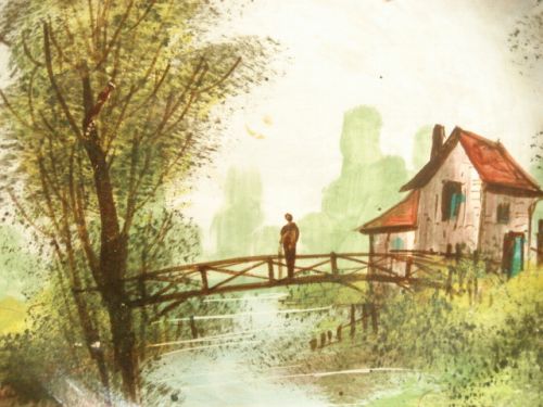 アンティーク皿 手書きの風景画 Creil et Montereau製