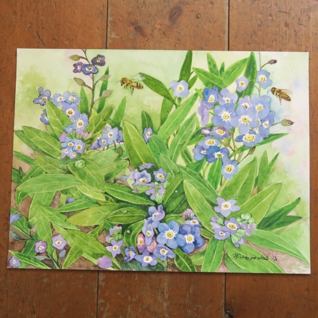 水彩画 ミツバチとワスレナグサ by Pascale