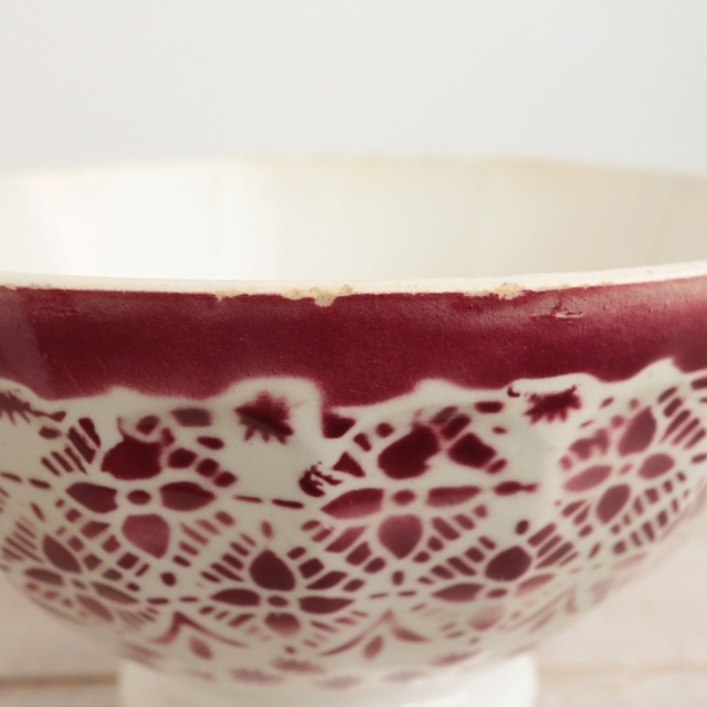 アンティーク カフェオレボウル モロッコ レース ワインレッド