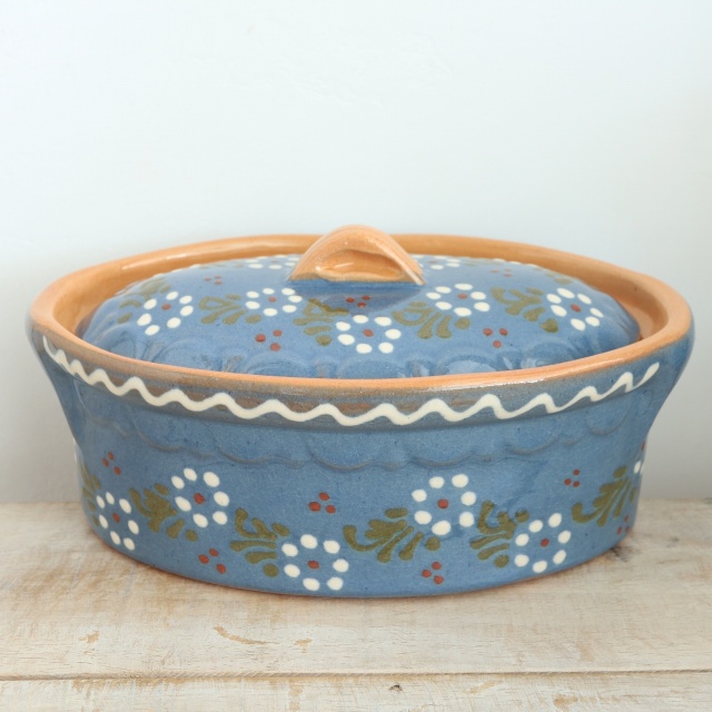 ベッコフ鍋 小花 ライトブルー 23cmサイズ アルザス地方 スフレンハイム焼き 陶器製