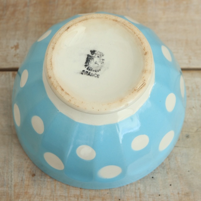 アンティーク カフェオレボウル 水色 ドット 水玉 フランス ディゴワン&サルグミンヌ製 DIGOIN & SARREGUEMINES