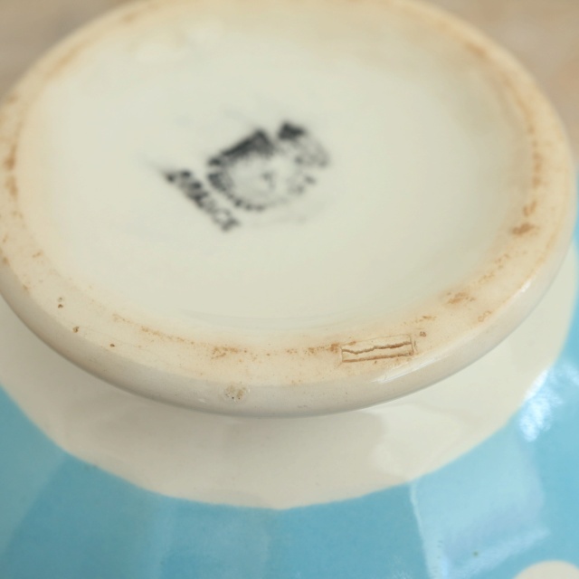 アンティーク カフェオレボウル 水色 ドット 水玉 フランス ディゴワン&サルグミンヌ製 DIGOIN & SARREGUEMINES