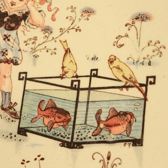 アンティークプレート 絵皿 Les petites filles et l'aquarium フランス サルグミンヌ製 U&C SARREGUEMINES