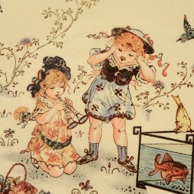 アンティークプレート 絵皿 Les petites filles et l'aquarium フランス サルグミンヌ製 U&C SARREGUEMINES