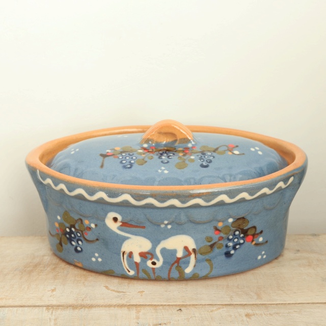 ベッコフ鍋 コウノトリ ライトブルー 23cmサイズ アルザス地方 スフレンハイム焼き 陶器製