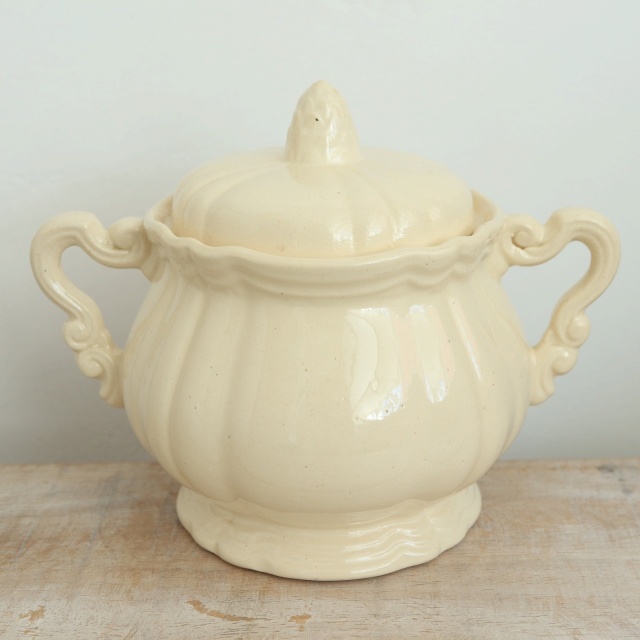 アンティーク シュガーポット 花リム Ivoire フランス サルグミンヌ製 Sarreguemines
