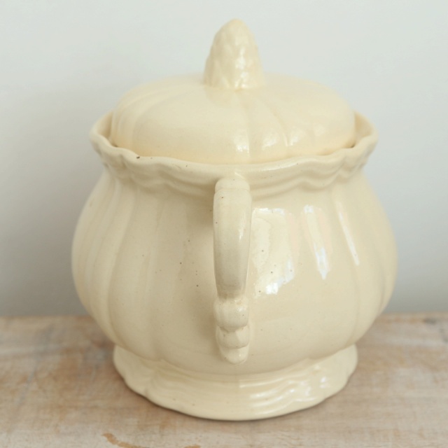アンティーク シュガーポット 花リム Ivoire フランス サルグミンヌ製 Sarreguemines