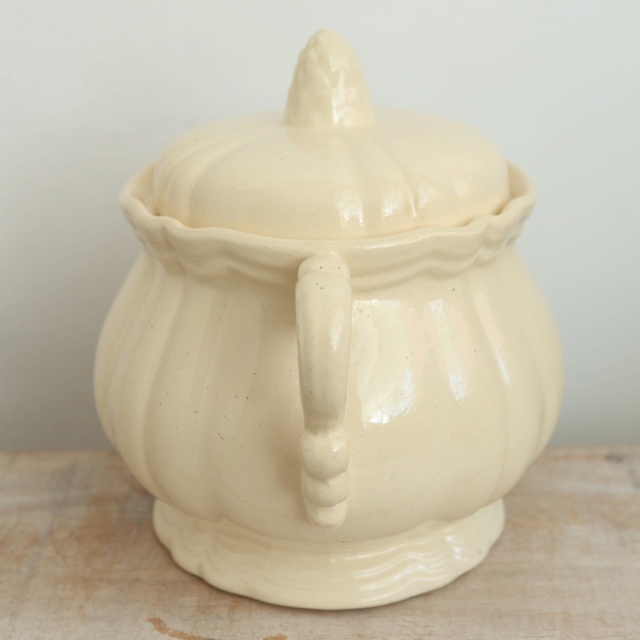 アンティーク シュガーポット 花リム Ivoire フランス サルグミンヌ製 Sarreguemines