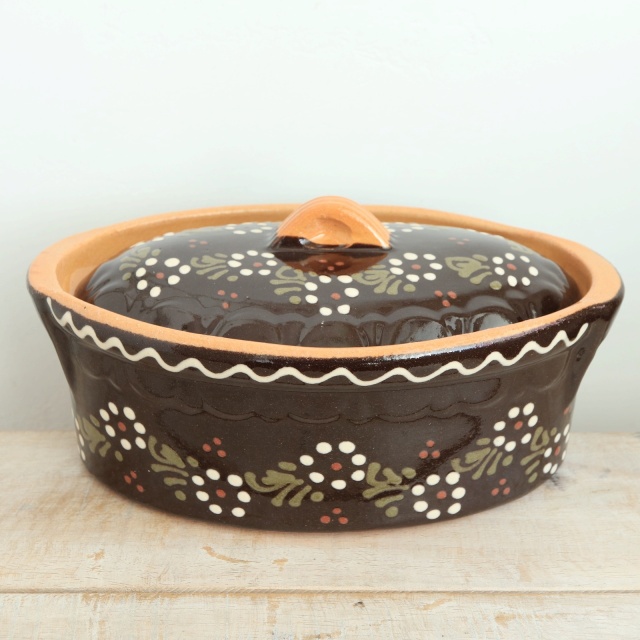 ベッコフ鍋 小花 ブラウン 23cmサイズ アルザス地方 スフレンハイム焼き 陶器製