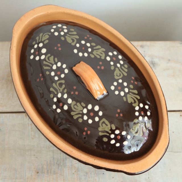 ベッコフ鍋 小花 ブラウン 23cmサイズ アルザス地方 スフレンハイム焼き 陶器製