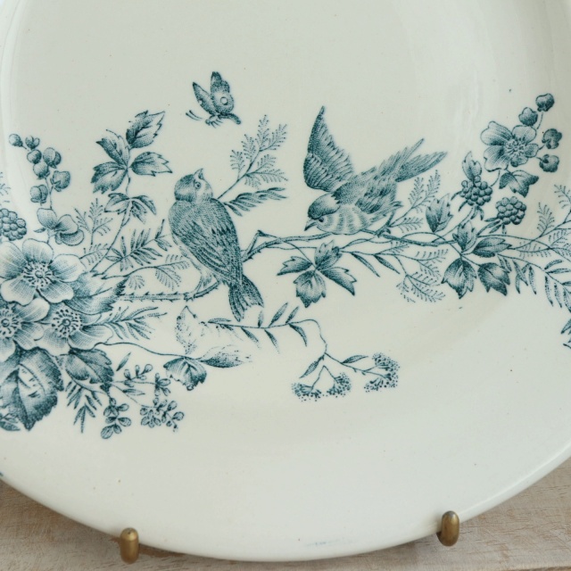 【美品】フランスアンティーク プレート ロンウィ窯 小鳥とベリー 花柄 深皿 Longwy 
