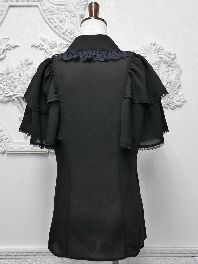 Miho Matsuda リボン付き黒半袖シャツ ブラウス・アルバ｜品番501008 MIHO MATSUDA